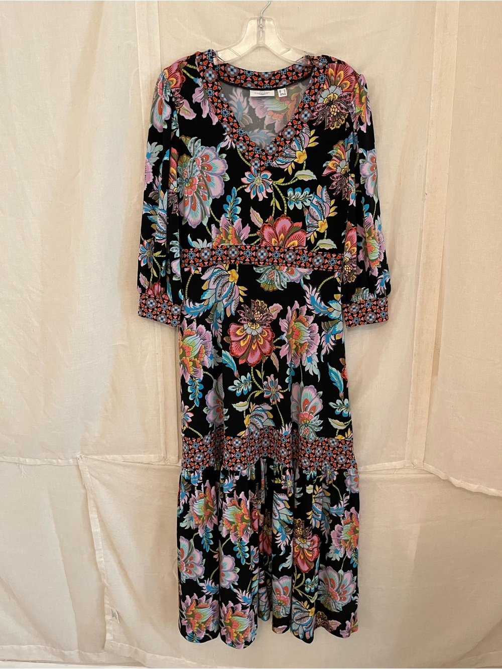 Floral V-Neck Black Maxi Dress with Multi-Color Print